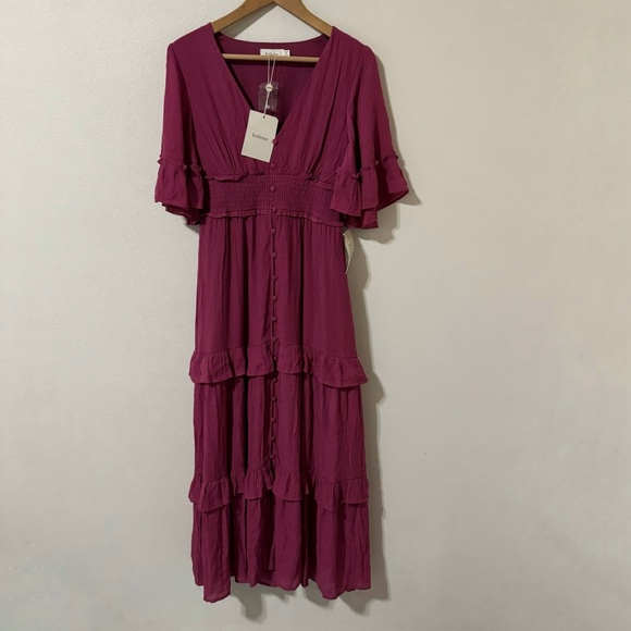 bohme Dresses & Skirts - Bohme Milkmaid Tiered Maxi Dress Magenta Ruffle Short Sleeve Button Front NWT-S